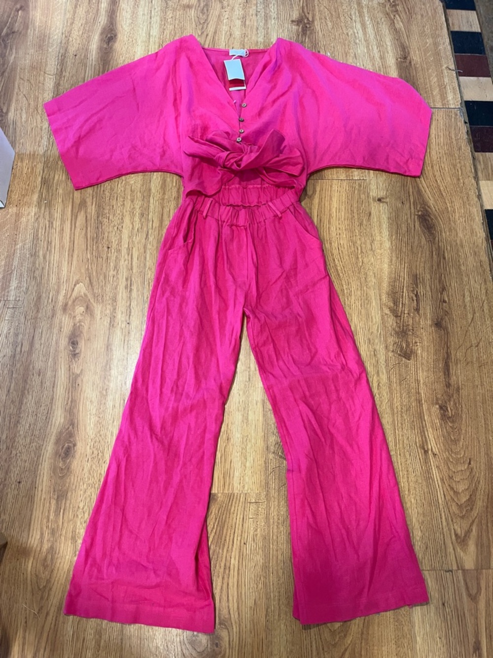Women's NWT Bright Pink Wide-Leg Jumpsuit w/ Open Stomach + Bow & Buttons